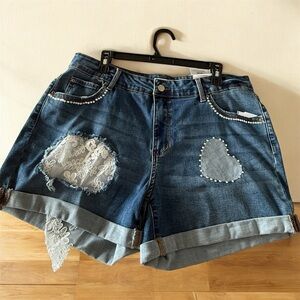 Time and Tru Blue Jean Shorts with Lace and Pearl Details
